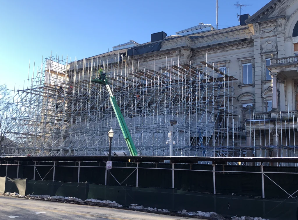 Scaffolding erected around the historic New Jersey Executive State House during restoration